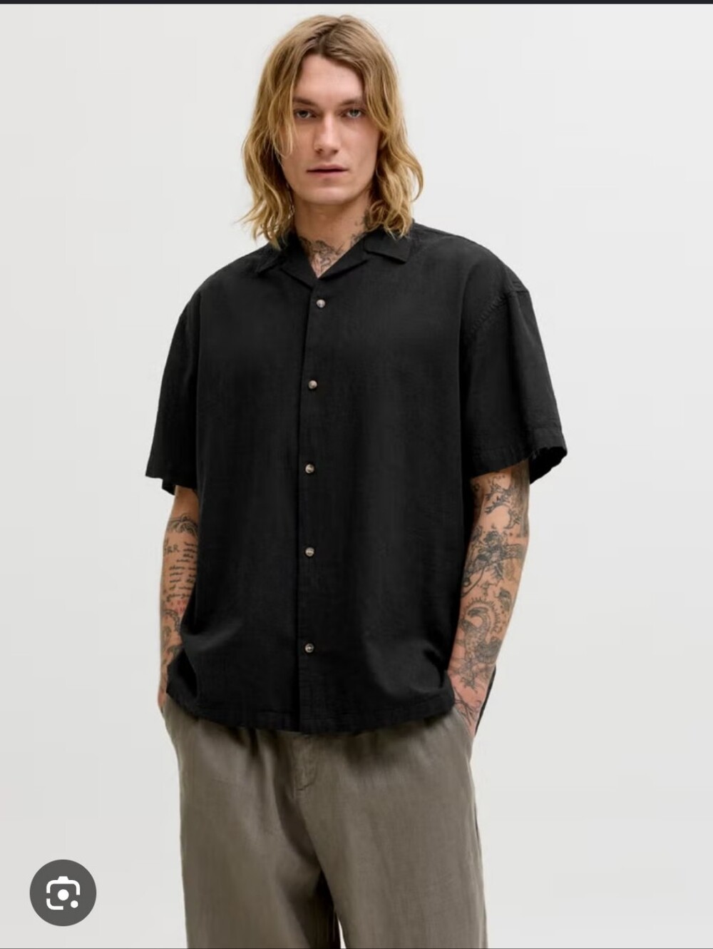 Linen Blend Mens Black Button Down Short Sleeve Shirt Large Fit New